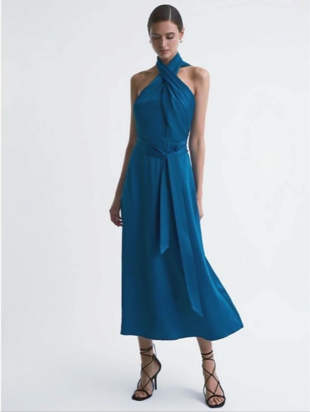 Reiss Blue Teal Vida Satin Halter Neck Fitted Midi Dress